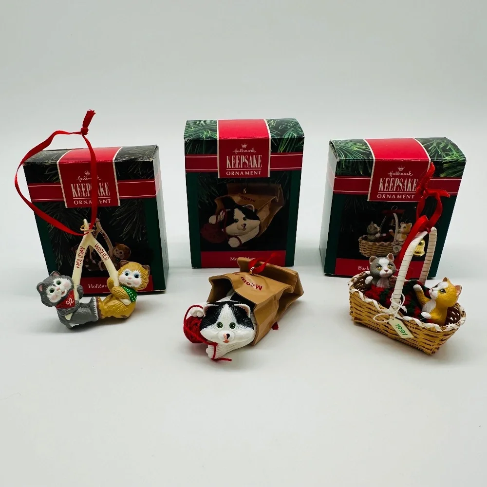Hallmark Cat Ornaments 1990-1992 Meow Mart, Basket Bell Players, Holiday Wishes